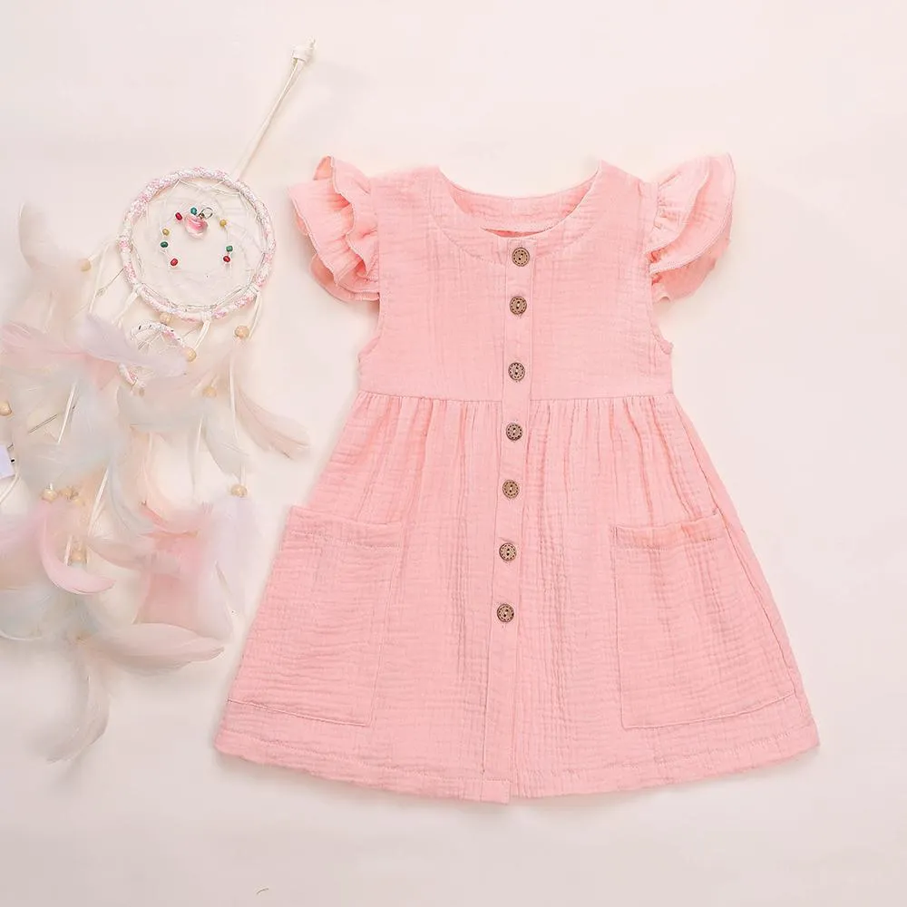 Girls Cardigan Cotton Linen Solid Color Pocket Dress Wholesale Girl Clothing