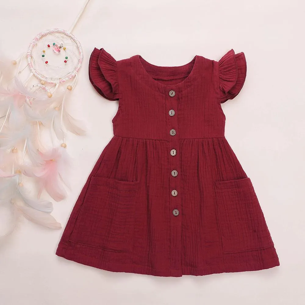 Girls Cardigan Cotton Linen Solid Color Pocket Dress Wholesale Girl Clothing