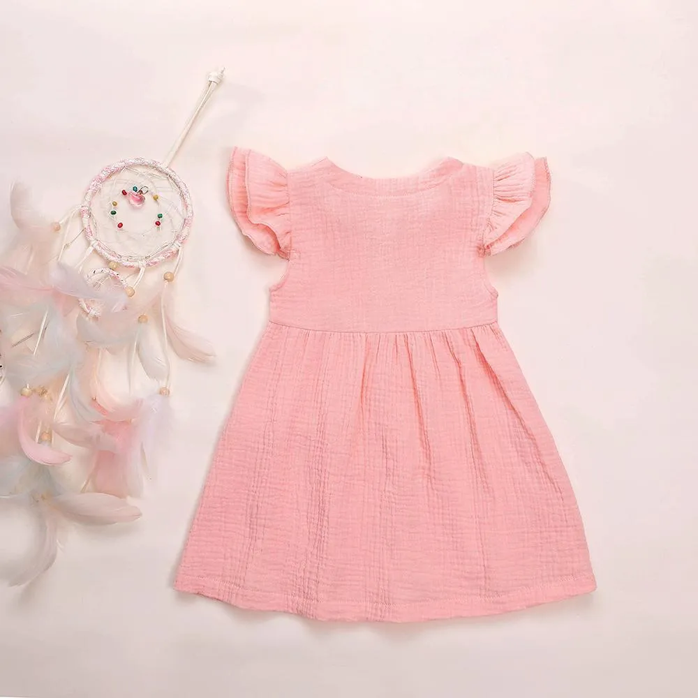 Girls Cardigan Cotton Linen Solid Color Pocket Dress Wholesale Girl Clothing
