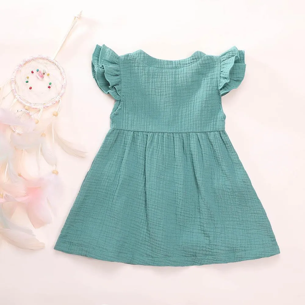 Girls Cardigan Cotton Linen Solid Color Pocket Dress Wholesale Girl Clothing