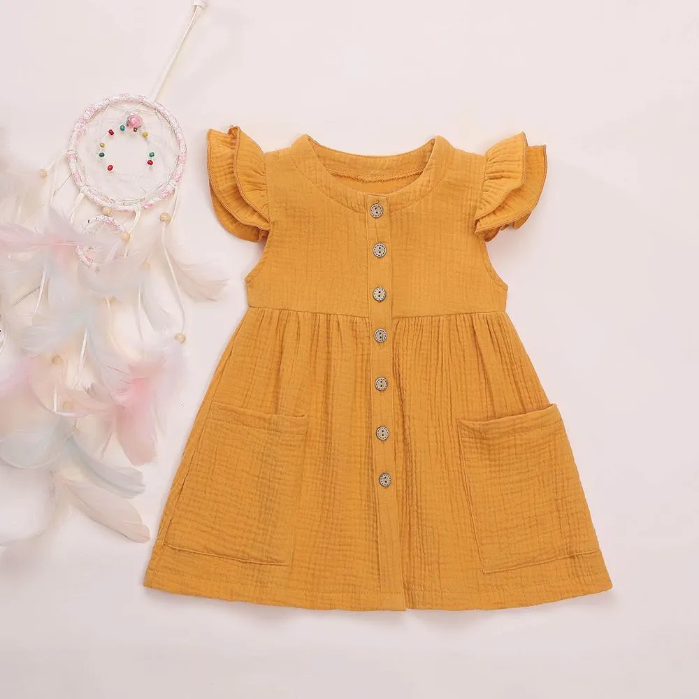 Girls Cardigan Cotton Linen Solid Color Pocket Dress Wholesale Girl Clothing