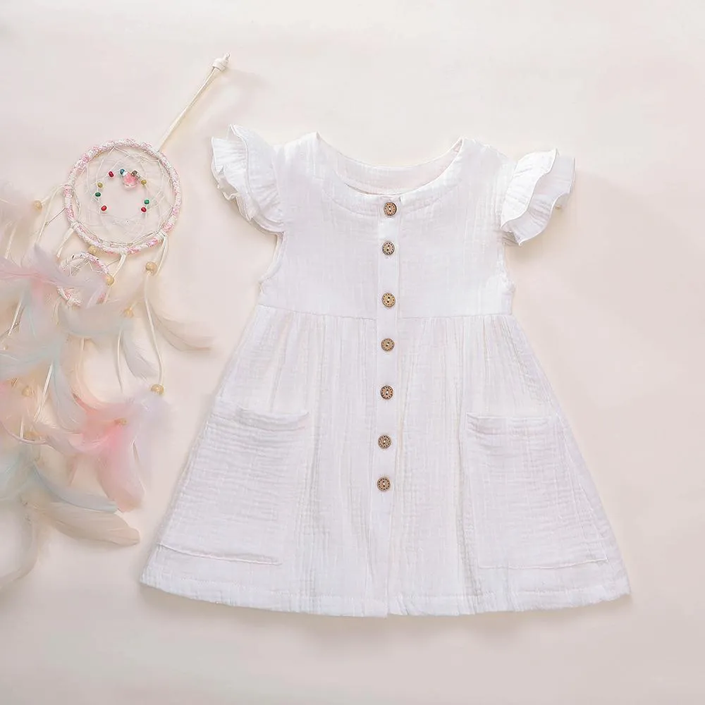 Girls Cardigan Cotton Linen Solid Color Pocket Dress Wholesale Girl Clothing
