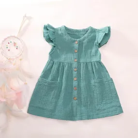 Girls Cardigan Cotton Linen Solid Color Pocket Dress Wholesale Girl Clothing
