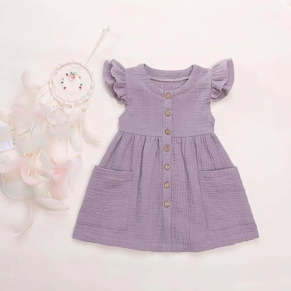 Girls Cardigan Cotton Linen Solid Color Pocket Dress Wholesale Girl Clothing