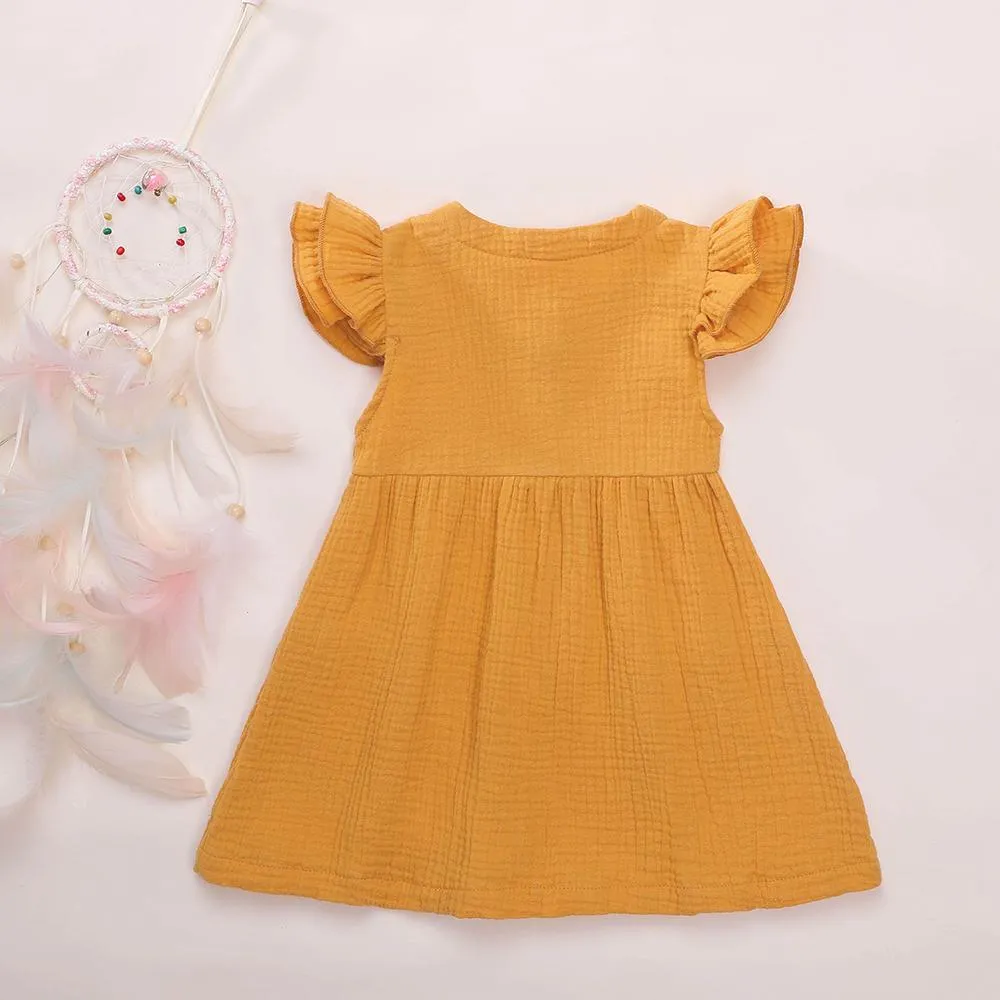 Girls Cardigan Cotton Linen Solid Color Pocket Dress Wholesale Girl Clothing