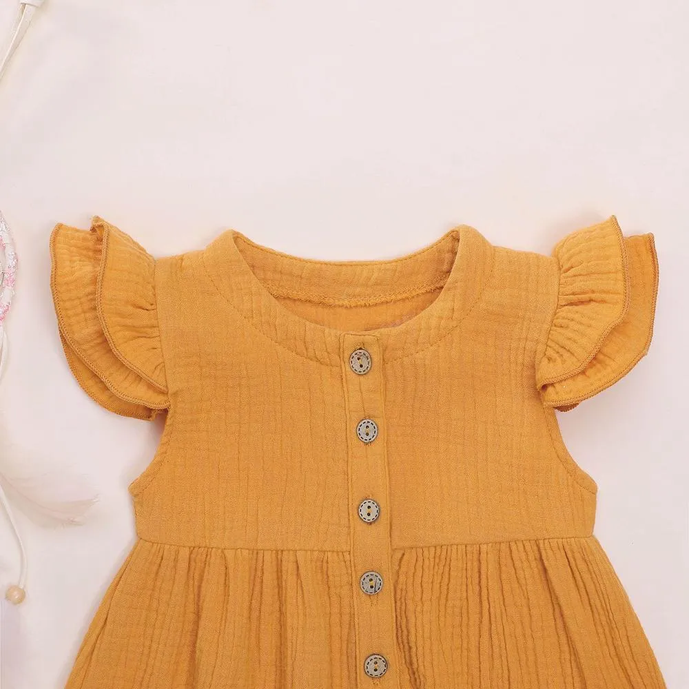 Girls Cardigan Cotton Linen Solid Color Pocket Dress Wholesale Girl Clothing