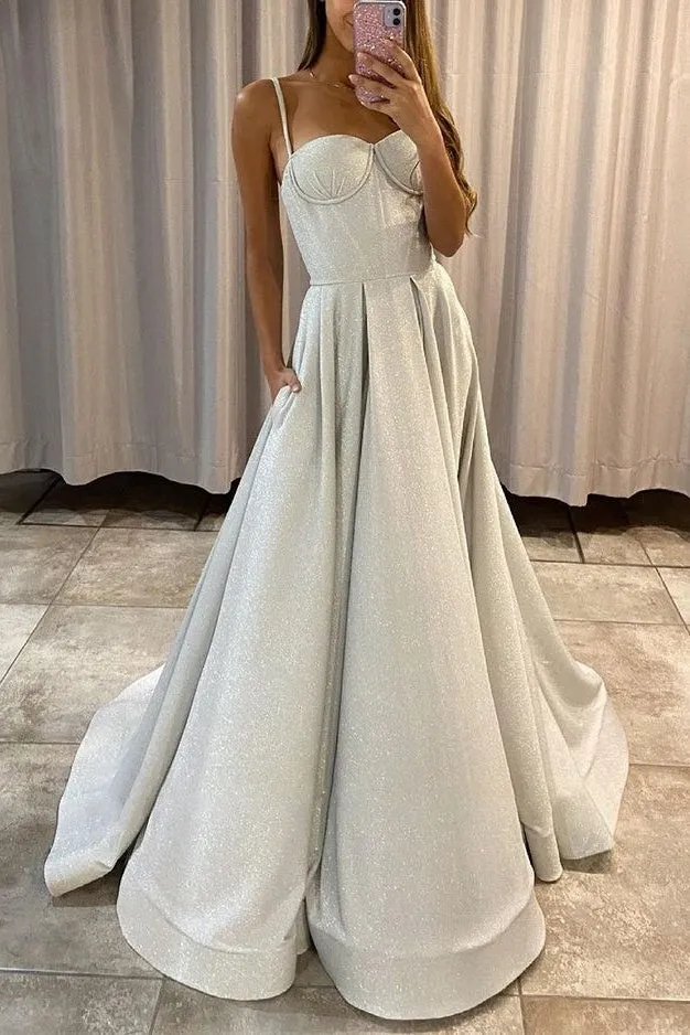Glitter Spaghetti Straps Sweetheart Long Prom Dresses With Pockets