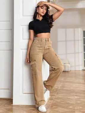 Khaki High Rise Cargo Wide  Leg