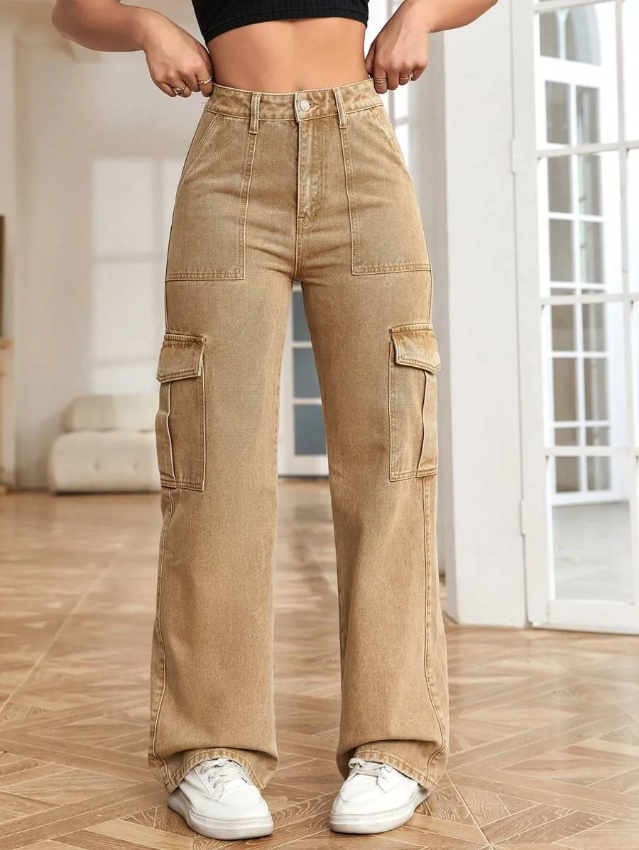 Khaki High Rise Cargo Wide  Leg