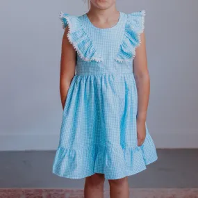 Little Girl's Blue Gingham Pinafore Dress with Pom Pom Trim