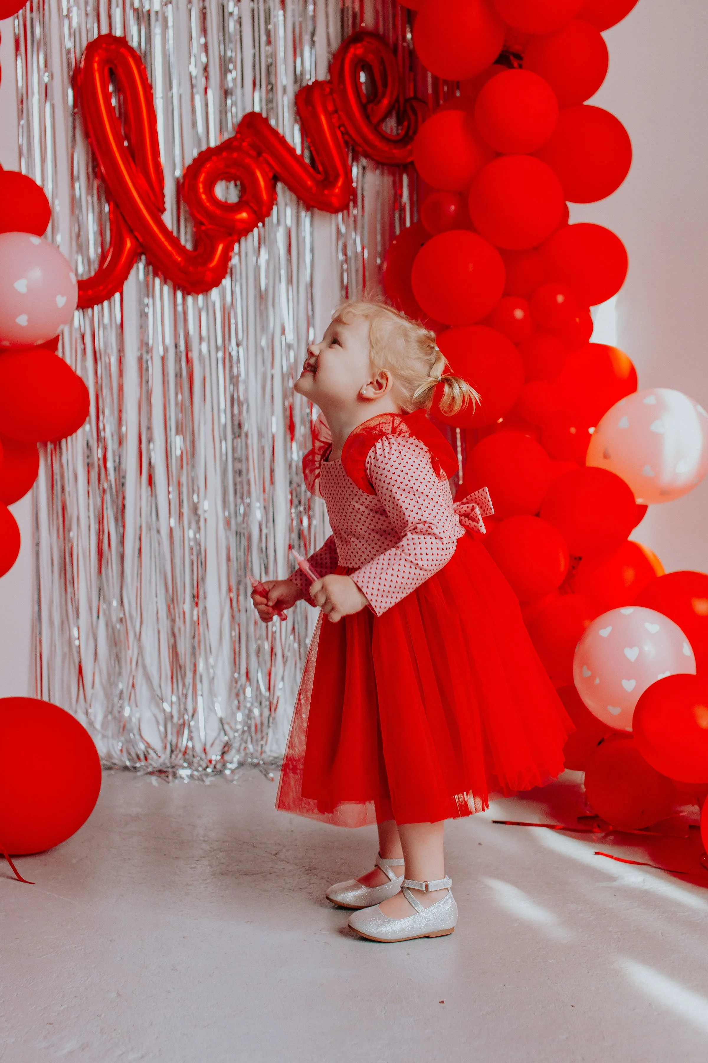 Little Girl’s Valentine’s Day Pink and Red Hearts Twirl Dress with Red Tulle Flutter Sleeves and Tulle Skirt