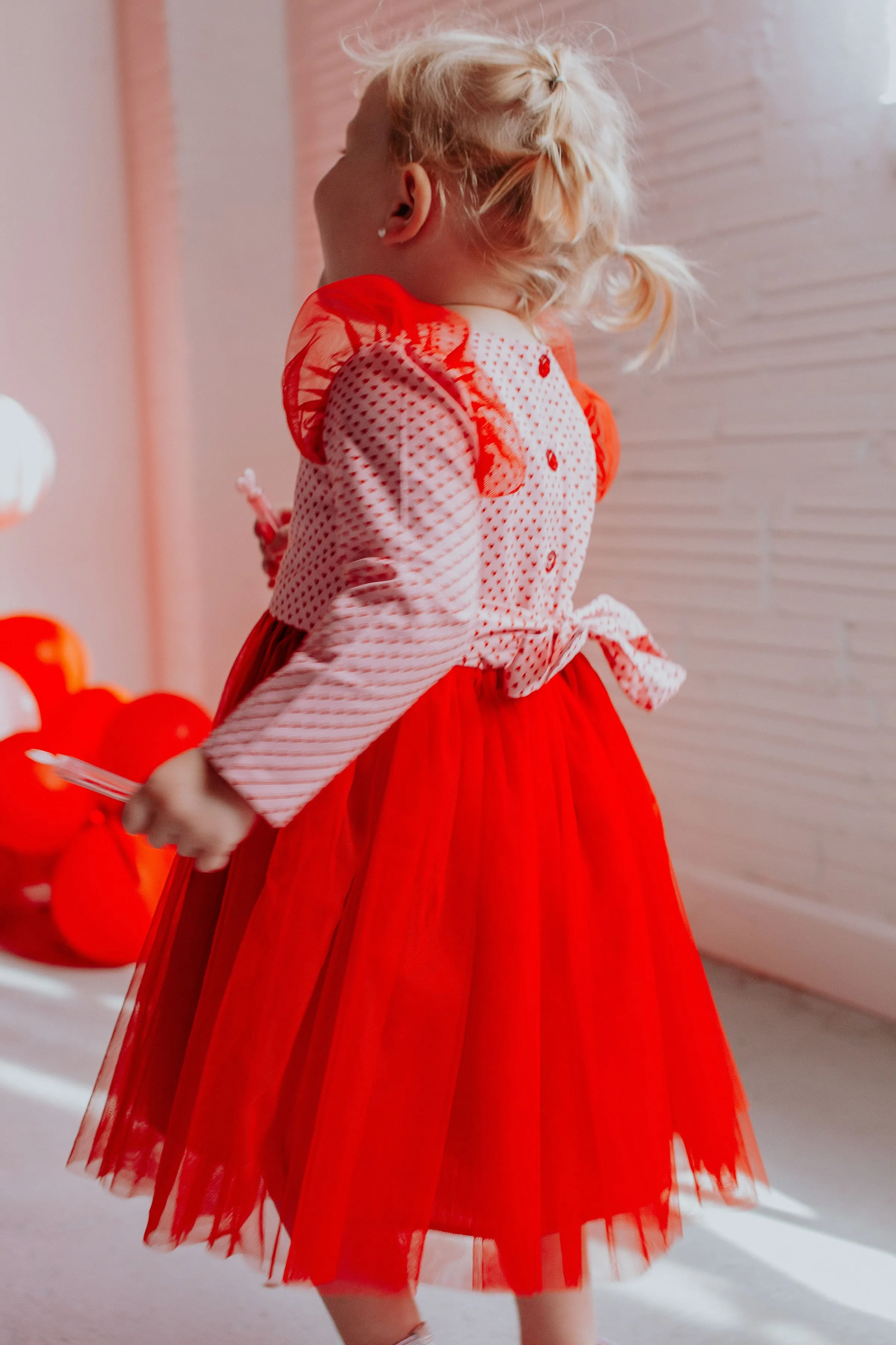 Little Girl’s Valentine’s Day Pink and Red Hearts Twirl Dress with Red Tulle Flutter Sleeves and Tulle Skirt
