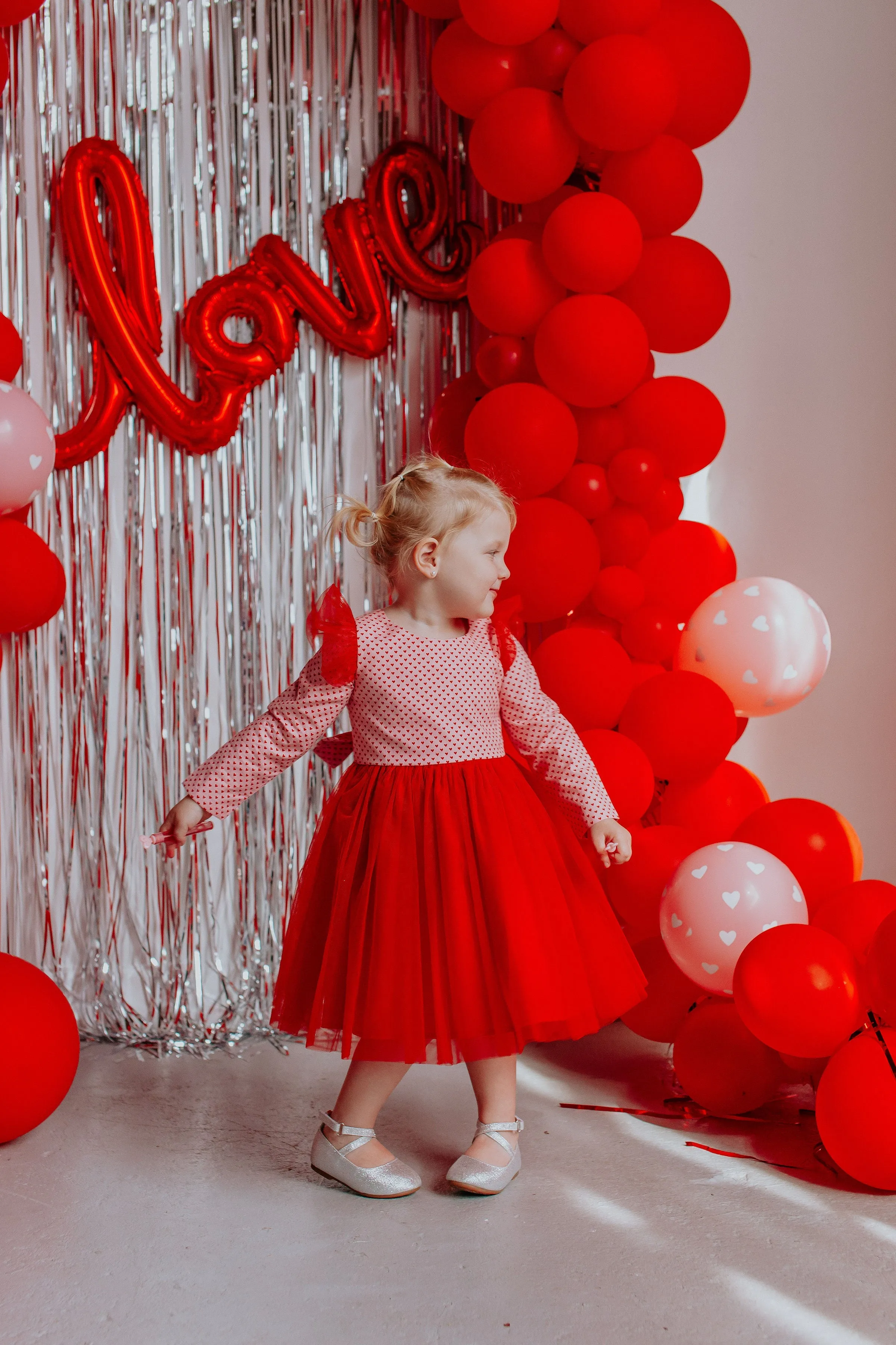 Little Girl’s Valentine’s Day Pink and Red Hearts Twirl Dress with Red Tulle Flutter Sleeves and Tulle Skirt