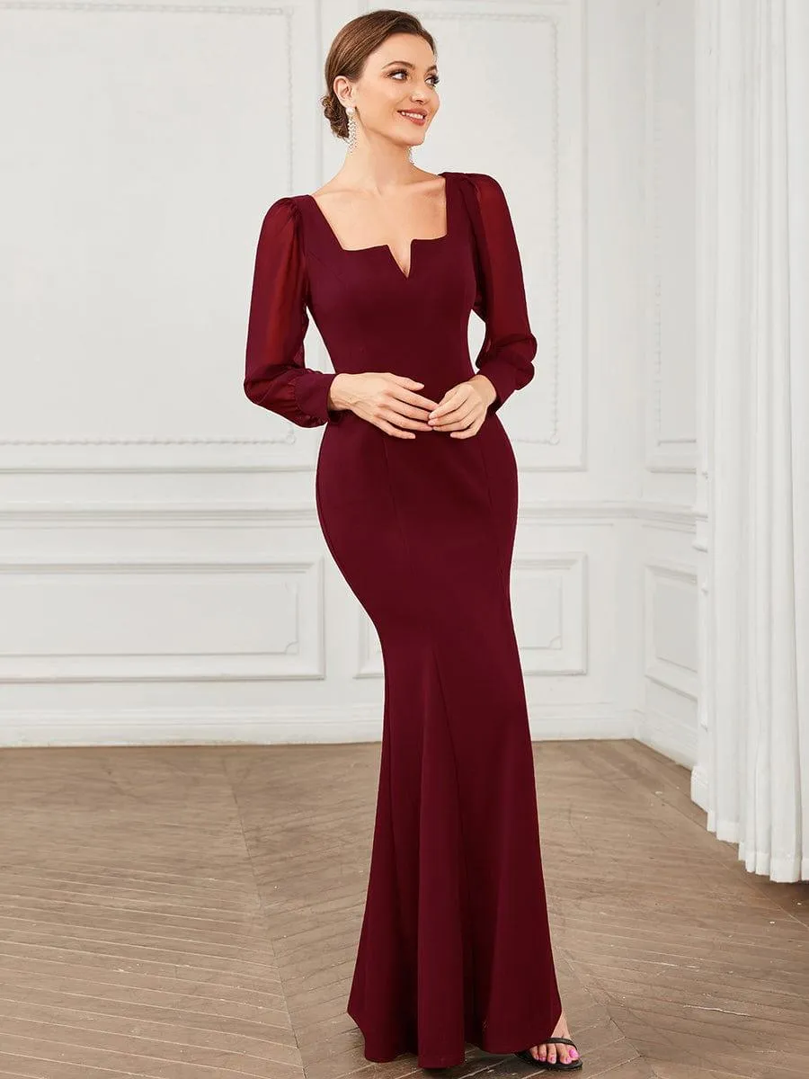 Long Sleeve Square Neck High Stretch Evening Gown with Slit(Final Sale)