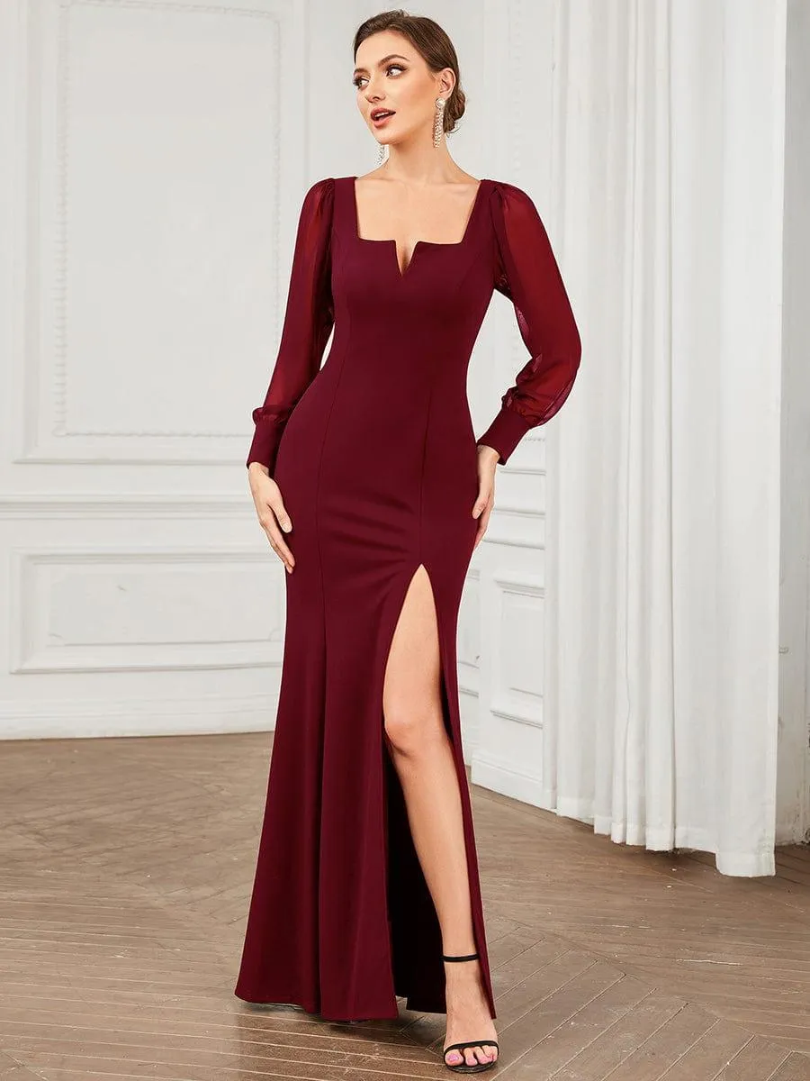 Long Sleeve Square Neck High Stretch Evening Gown with Slit(Final Sale)