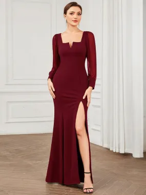 Long Sleeve Square Neck High Stretch Evening Gown with Slit(Final Sale)