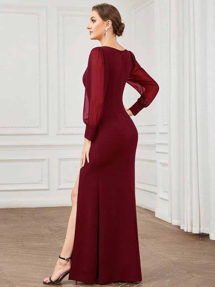 Long Sleeve Square Neck High Stretch Evening Gown with Slit(Final Sale)