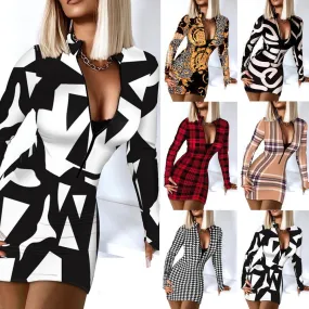 Long-sleeved V-neck Zipper Bag Hip Tight Dress
