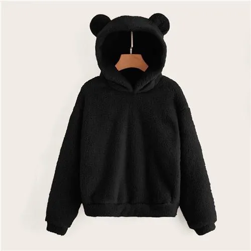Lovely With Bears Ears Solid Teddy Hoodie Pullovers Sweatshirt Autumn Women Campus Casual Sweatshirts