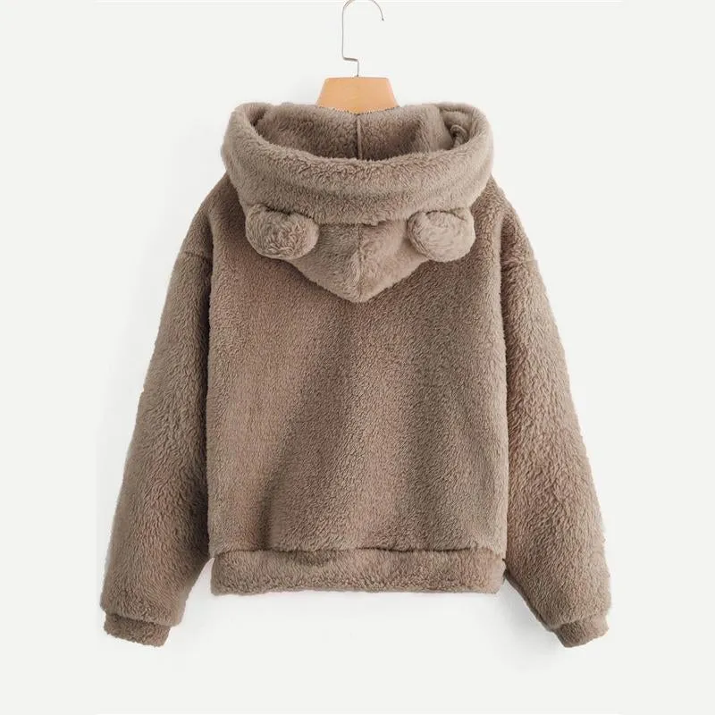 Lovely With Bears Ears Solid Teddy Hoodie Pullovers Sweatshirt Autumn Women Campus Casual Sweatshirts