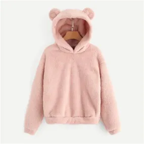 Lovely With Bears Ears Solid Teddy Hoodie Pullovers Sweatshirt Autumn Women Campus Casual Sweatshirts