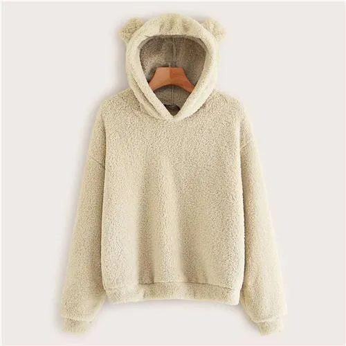 Lovely With Bears Ears Solid Teddy Hoodie Pullovers Sweatshirt Autumn Women Campus Casual Sweatshirts