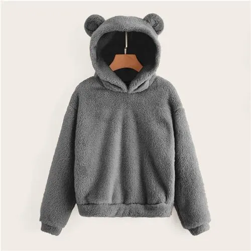 Lovely With Bears Ears Solid Teddy Hoodie Pullovers Sweatshirt Autumn Women Campus Casual Sweatshirts