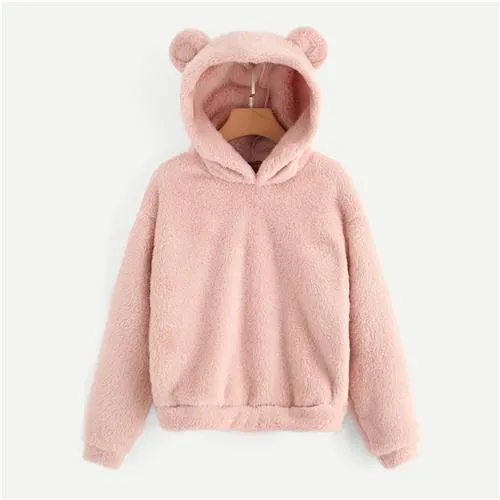 Lovely With Bears Ears Solid Teddy Hoodie Pullovers Sweatshirt Autumn Women Campus Casual Sweatshirts