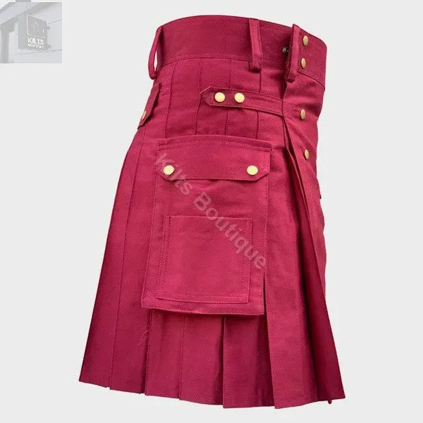 Maroon Fashion Utility Scottish Hybrid  Kilt For Men