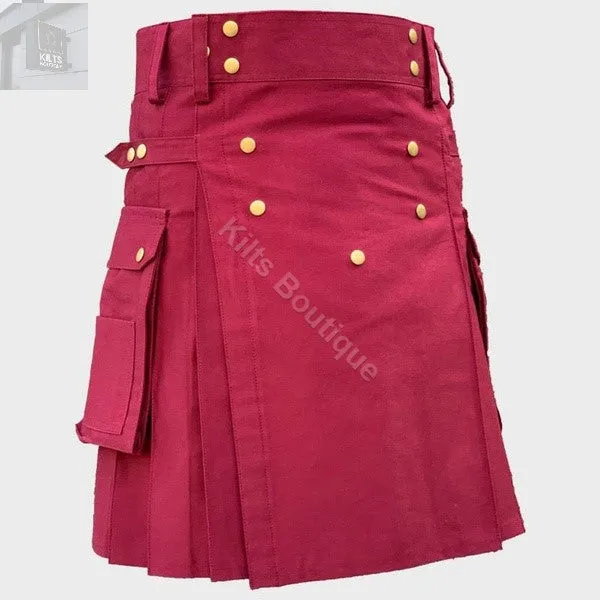 Maroon Fashion Utility Scottish Hybrid  Kilt For Men
