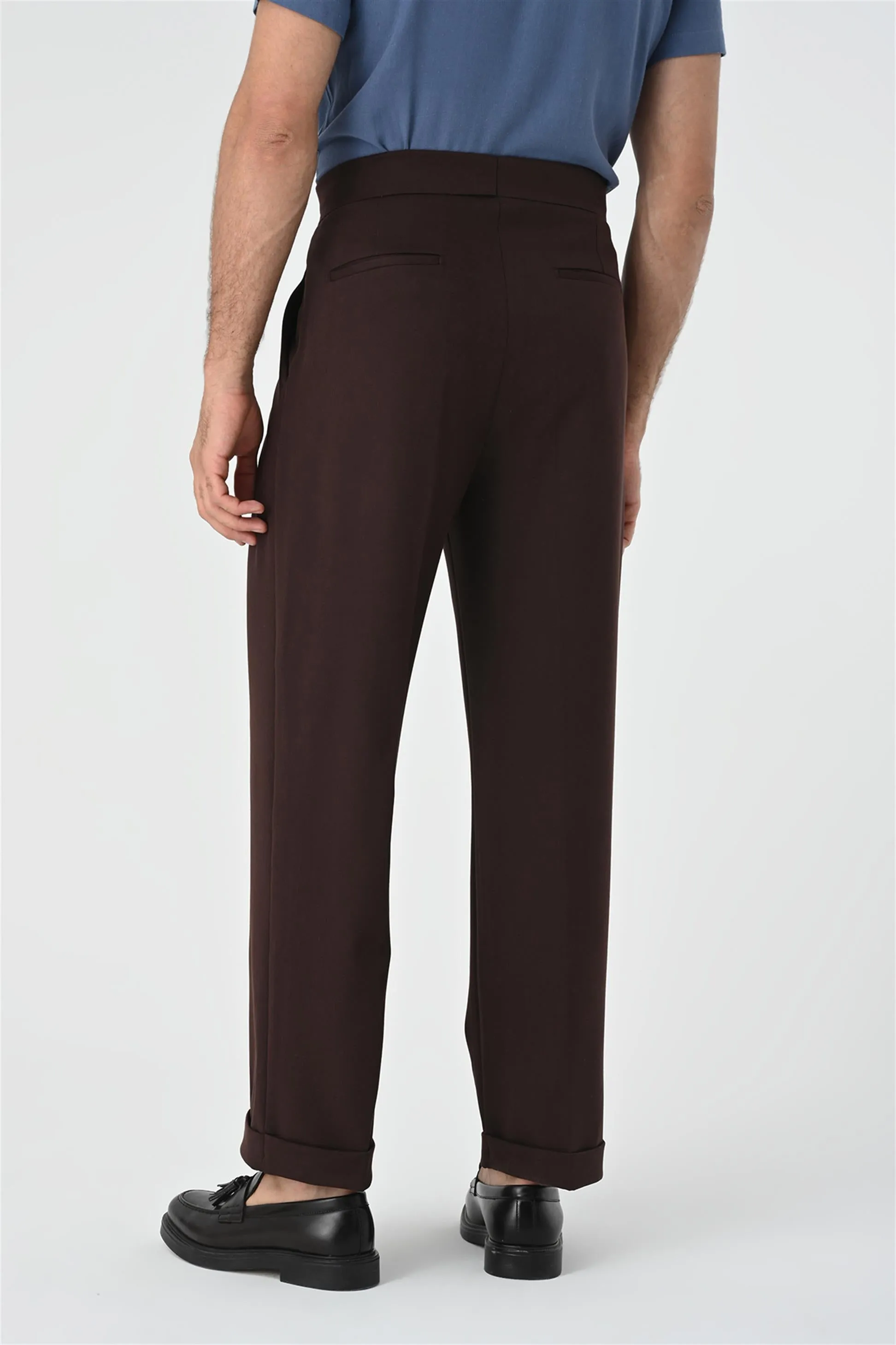 Men's Brown Buckle Detailed Pleated High Waist  Trousers - Wessi