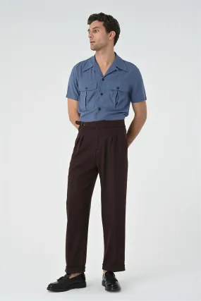 Men's Brown Buckle Detailed Pleated High Waist  Trousers - Wessi