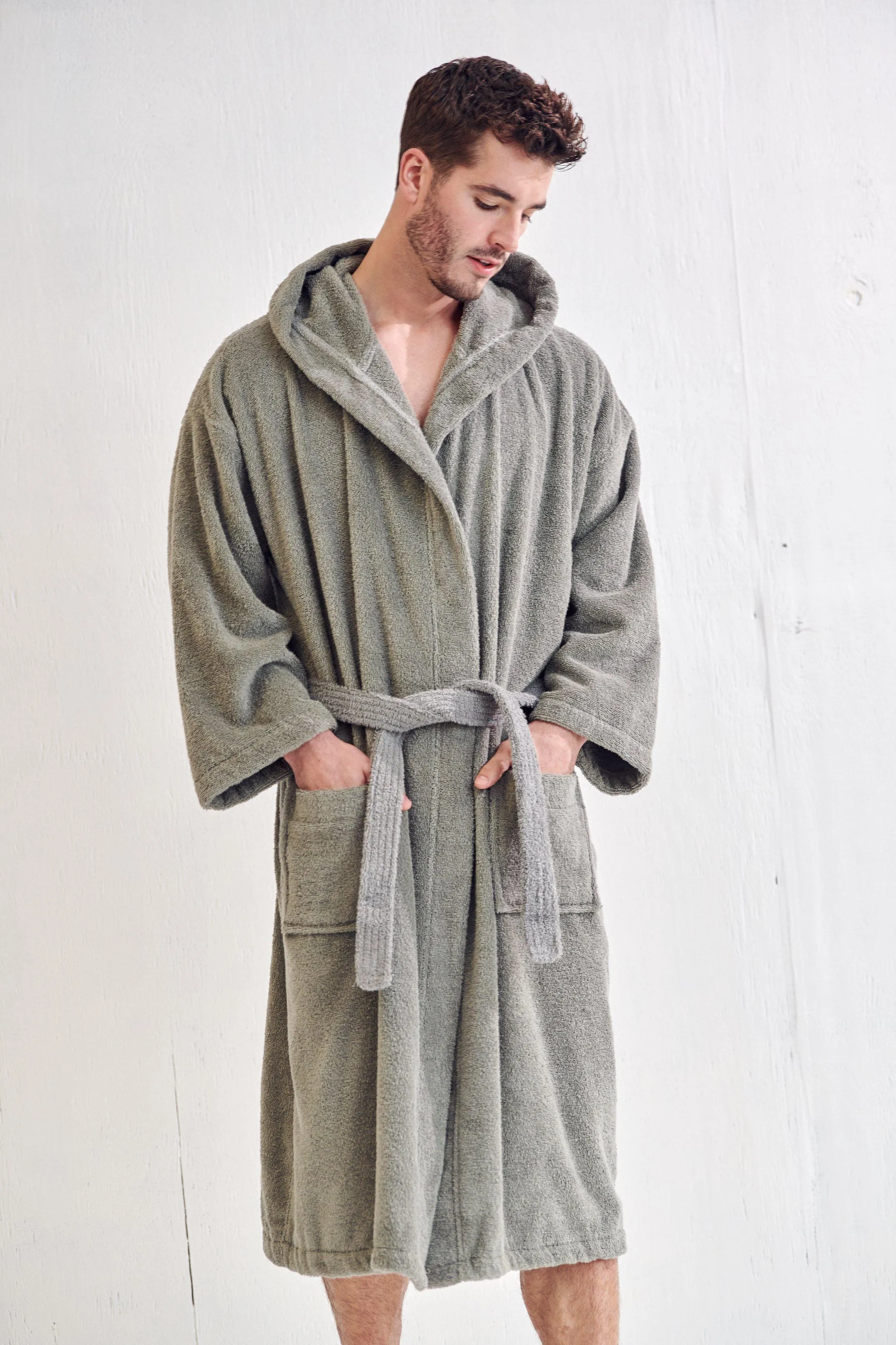 Men's Terry Cloth Cotton Turkish Hooded Bathrobe, Luxury Soft, Fast Dry & Comfort, (Gray)