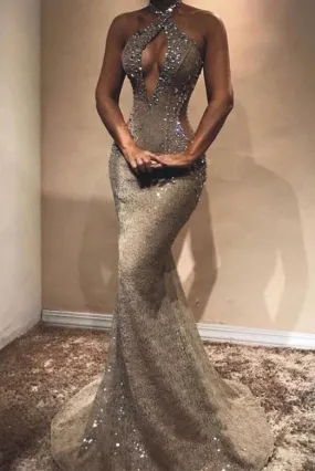 Mermaid High Neck Long Prom Dresses Keyhole Evening Party Dresses PDA207