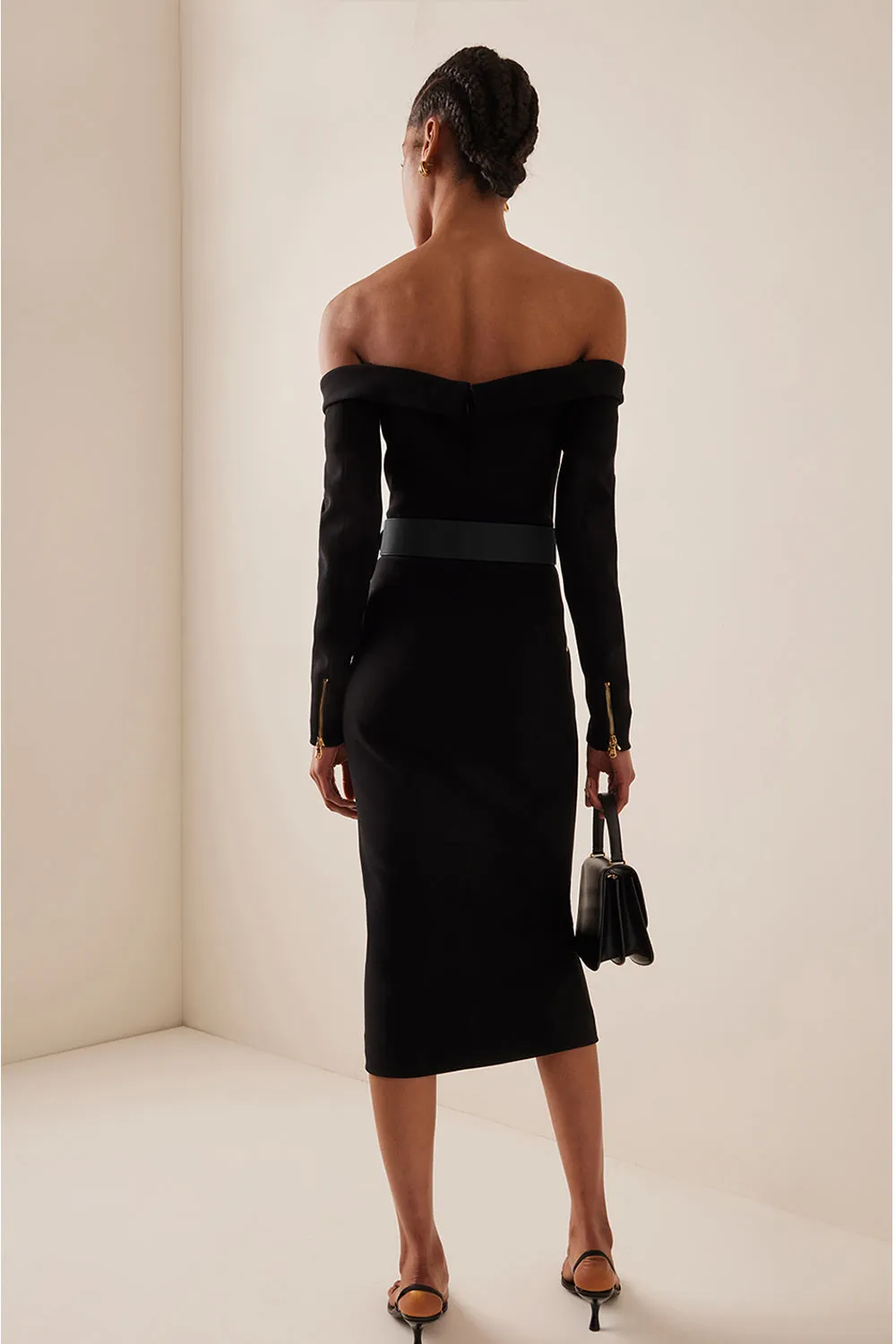 Off Shoulder Zipper Deco Midi Long Bandage Dress With Belts