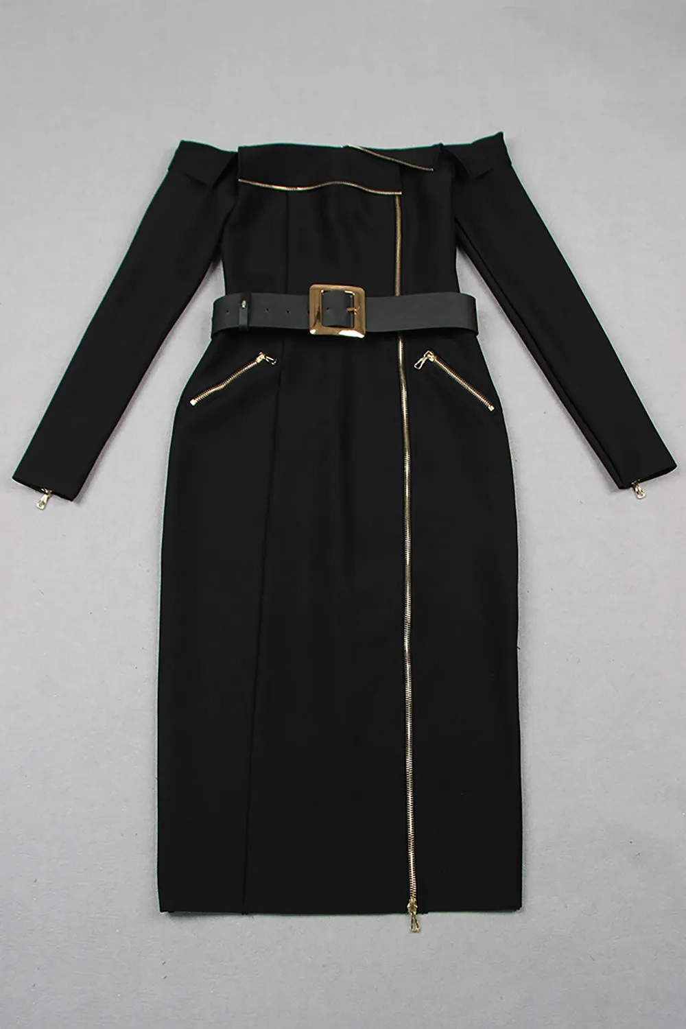 Off Shoulder Zipper Deco Midi Long Bandage Dress With Belts