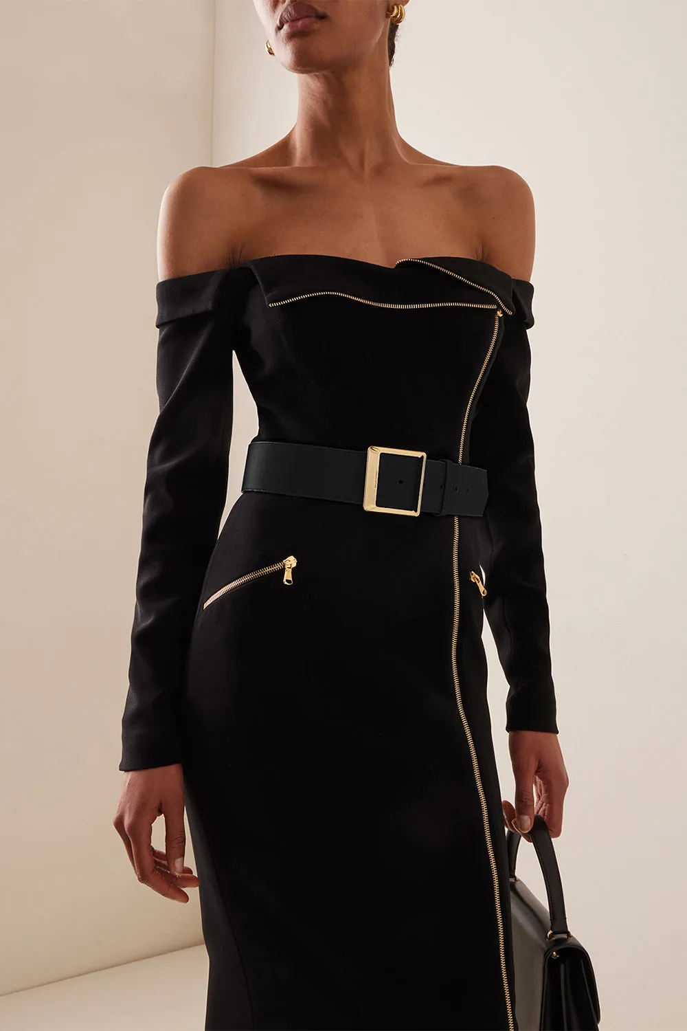 Off Shoulder Zipper Deco Midi Long Bandage Dress With Belts