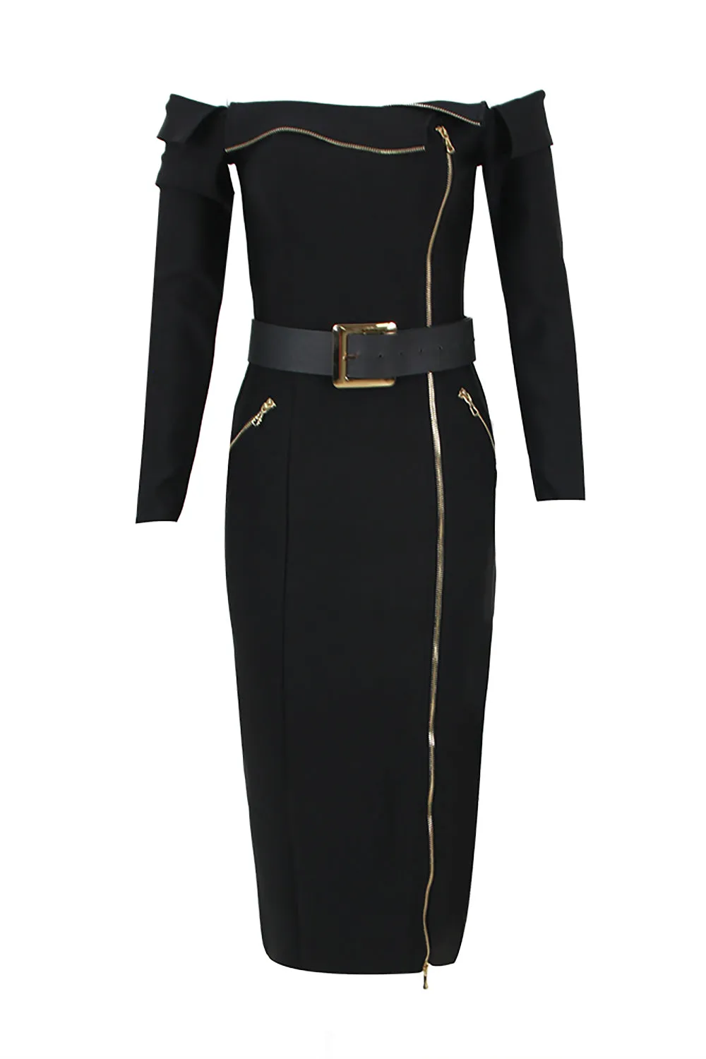Off Shoulder Zipper Deco Midi Long Bandage Dress With Belts