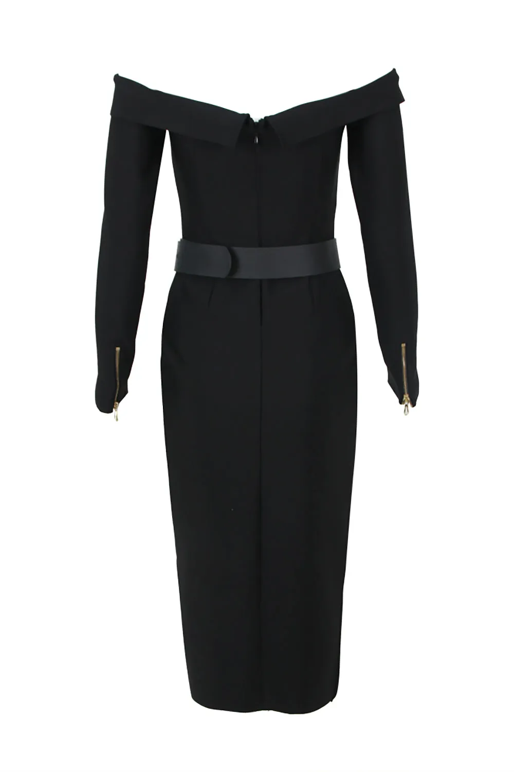 Off Shoulder Zipper Deco Midi Long Bandage Dress With Belts