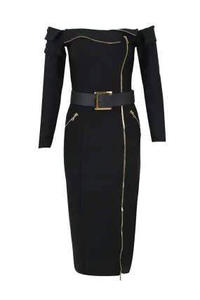 Off Shoulder Zipper Deco Midi Long Bandage Dress With Belts