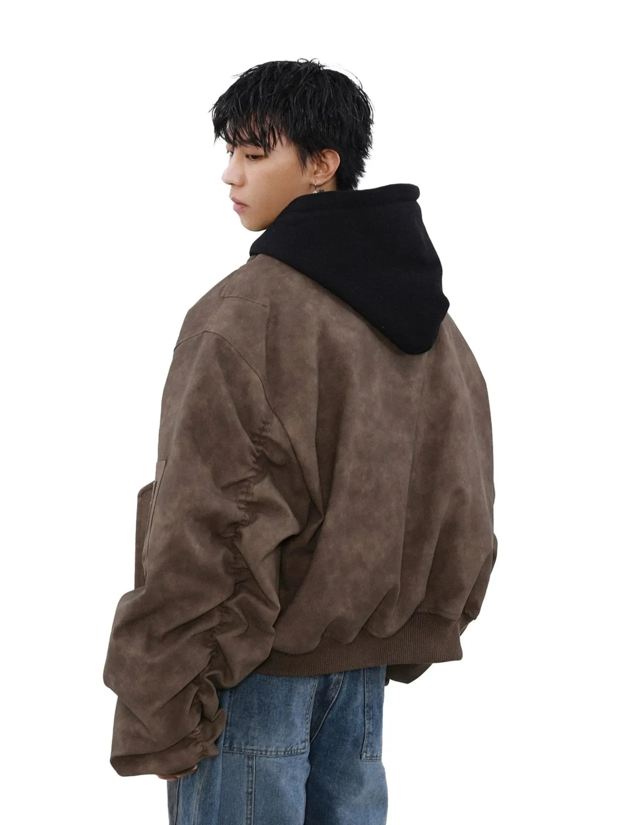Oversized Vintage Washed Suede Bomber Jacket with Utility Pockets