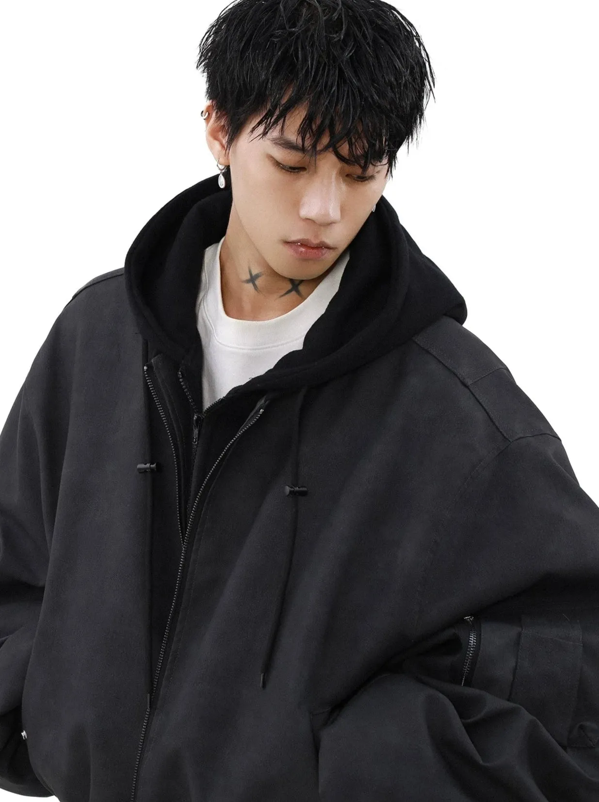 Oversized Vintage Washed Suede Bomber Jacket with Utility Pockets