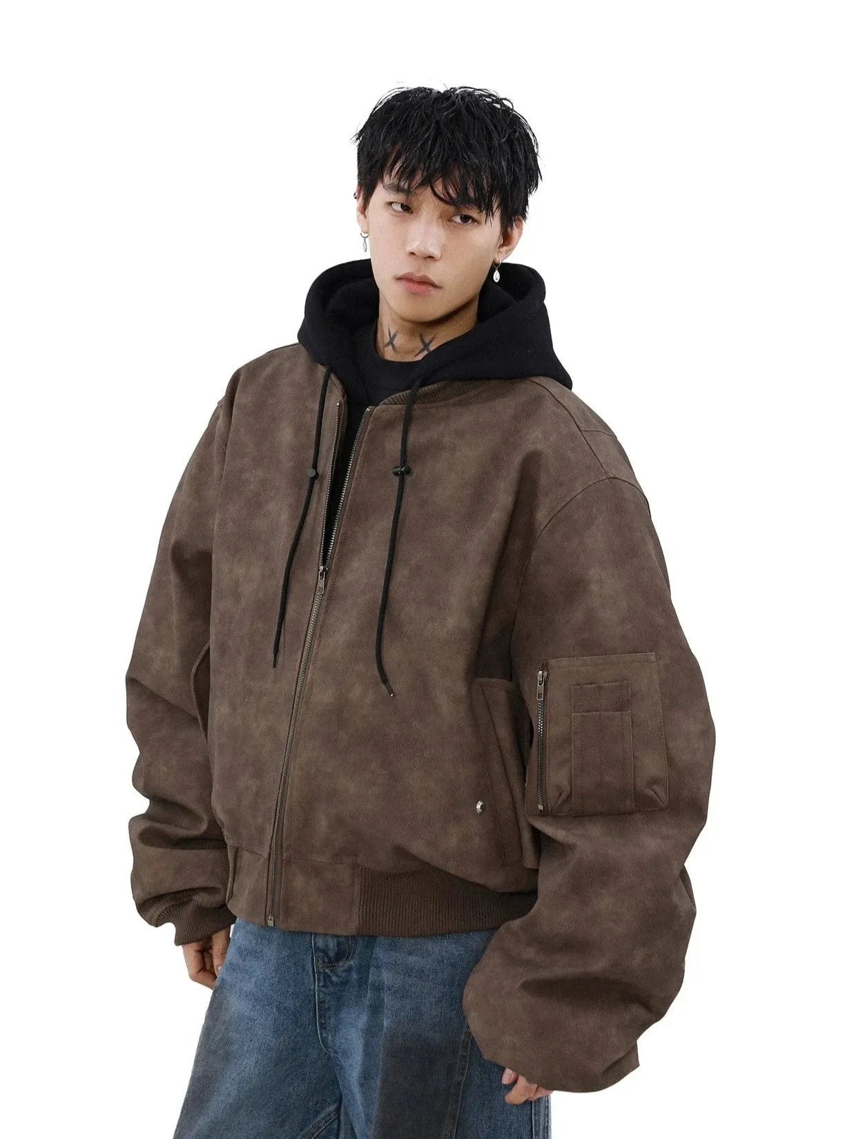 Oversized Vintage Washed Suede Bomber Jacket with Utility Pockets