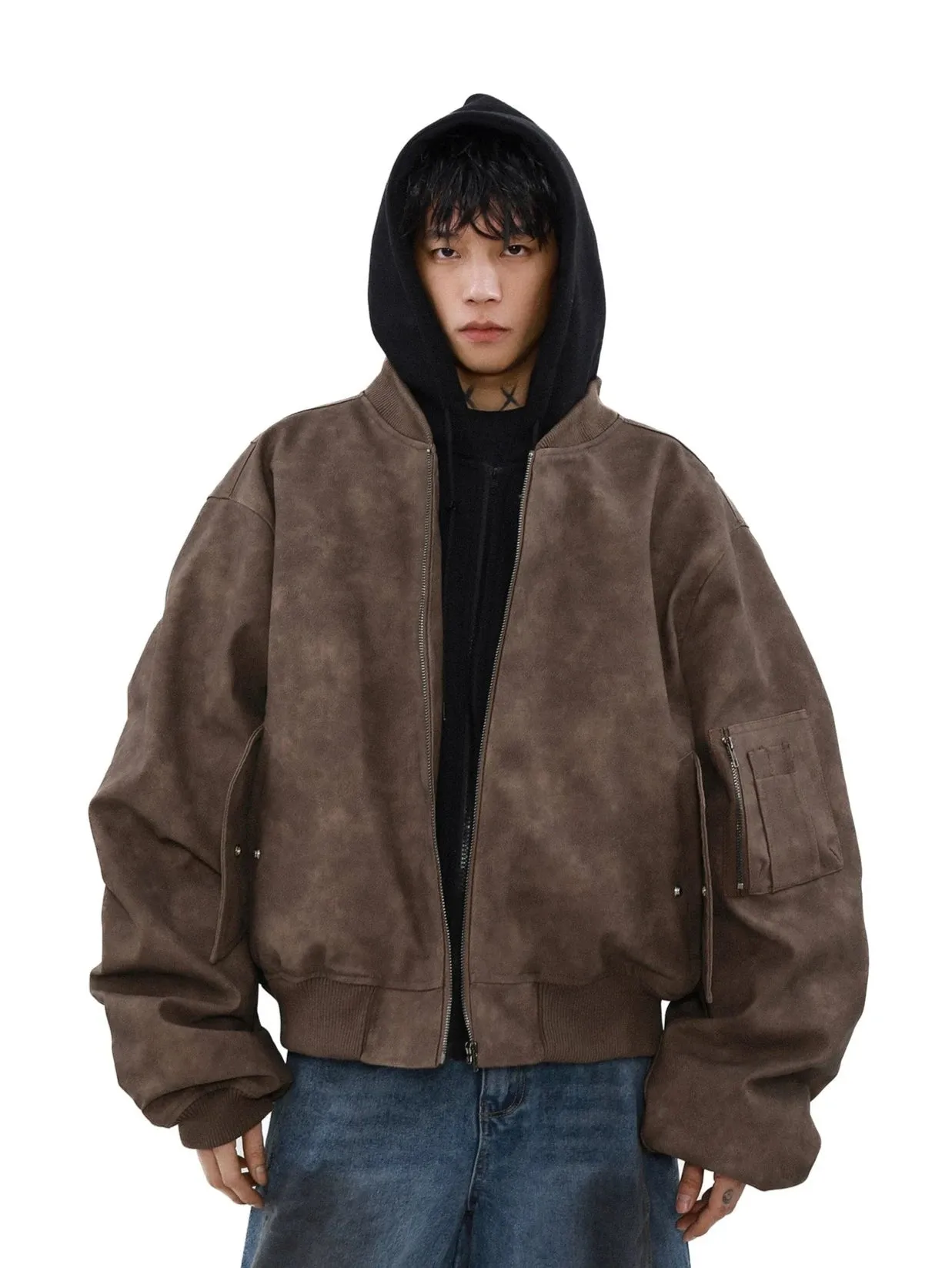 Oversized Vintage Washed Suede Bomber Jacket with Utility Pockets