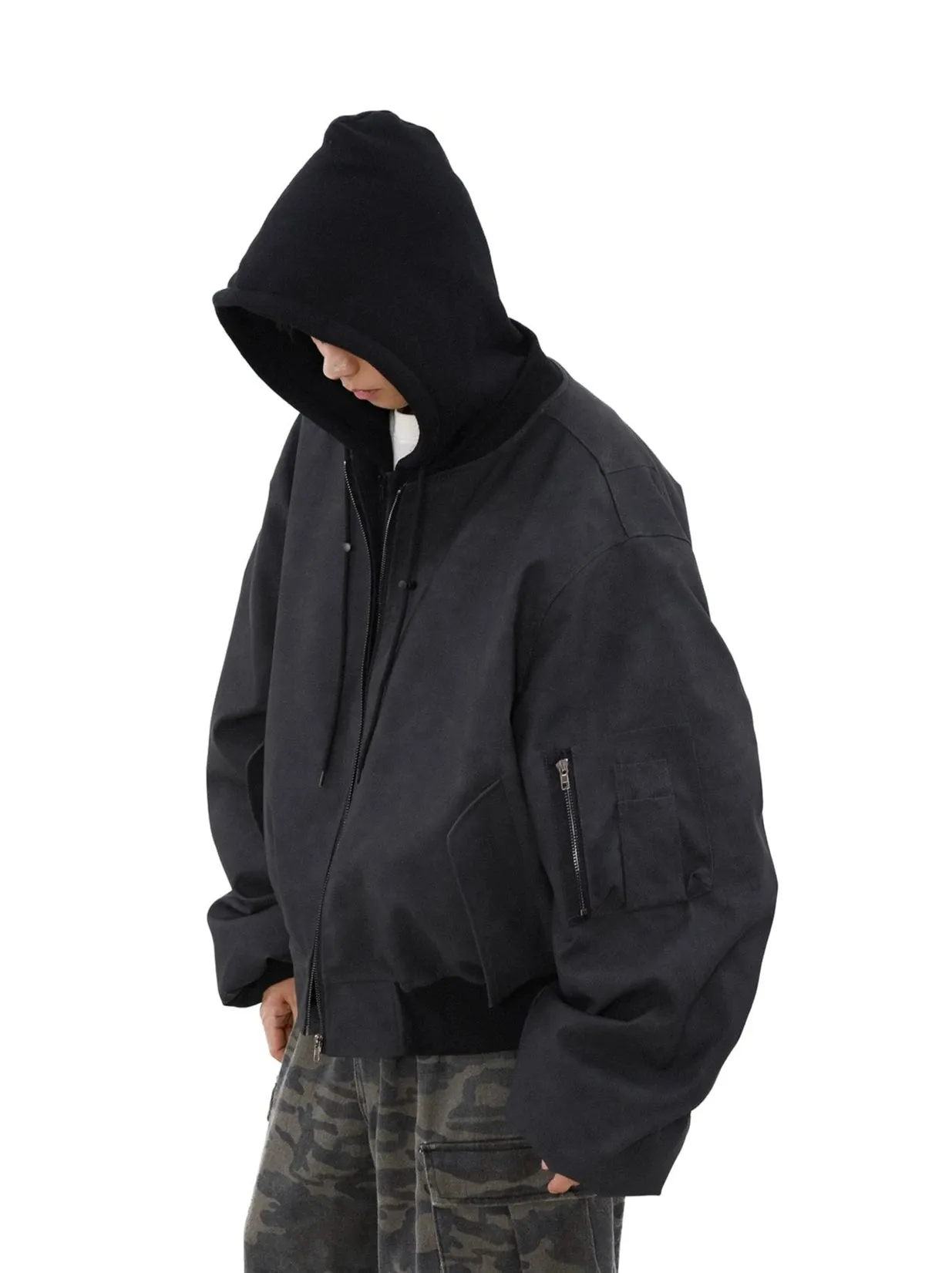 Oversized Vintage Washed Suede Bomber Jacket with Utility Pockets