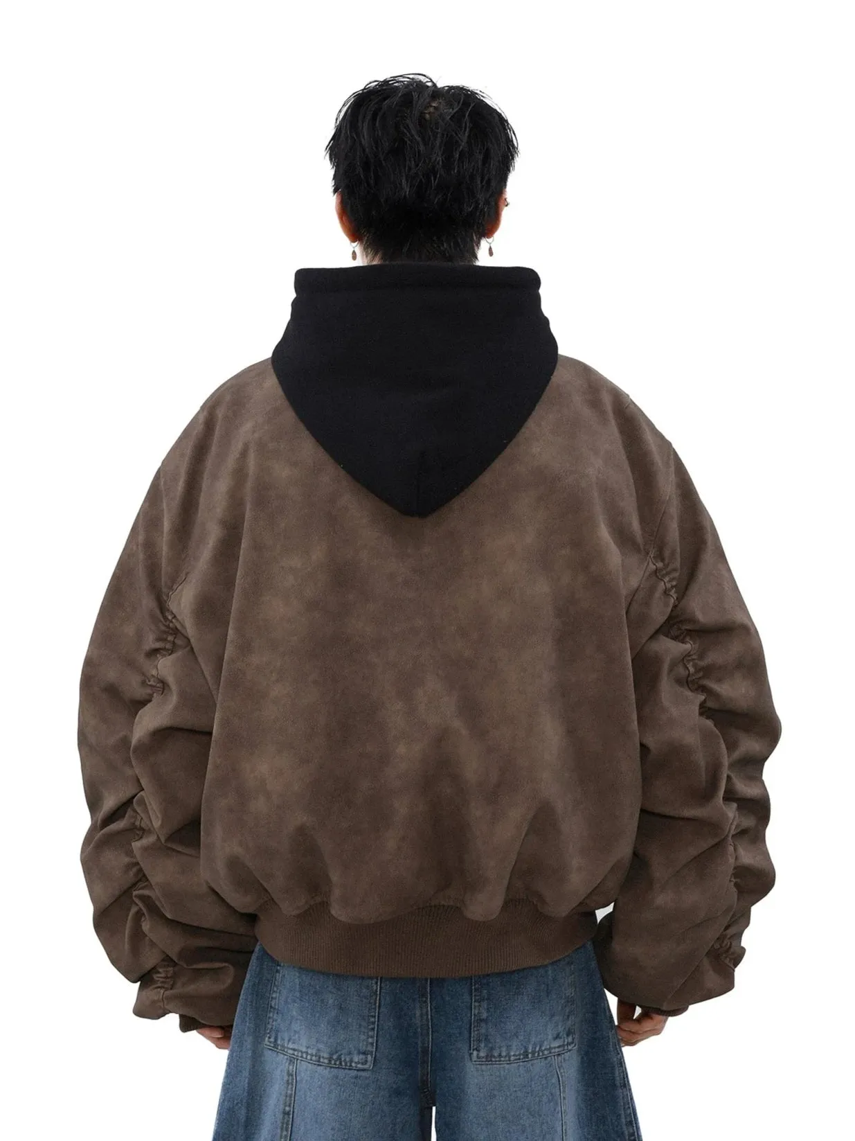 Oversized Vintage Washed Suede Bomber Jacket with Utility Pockets