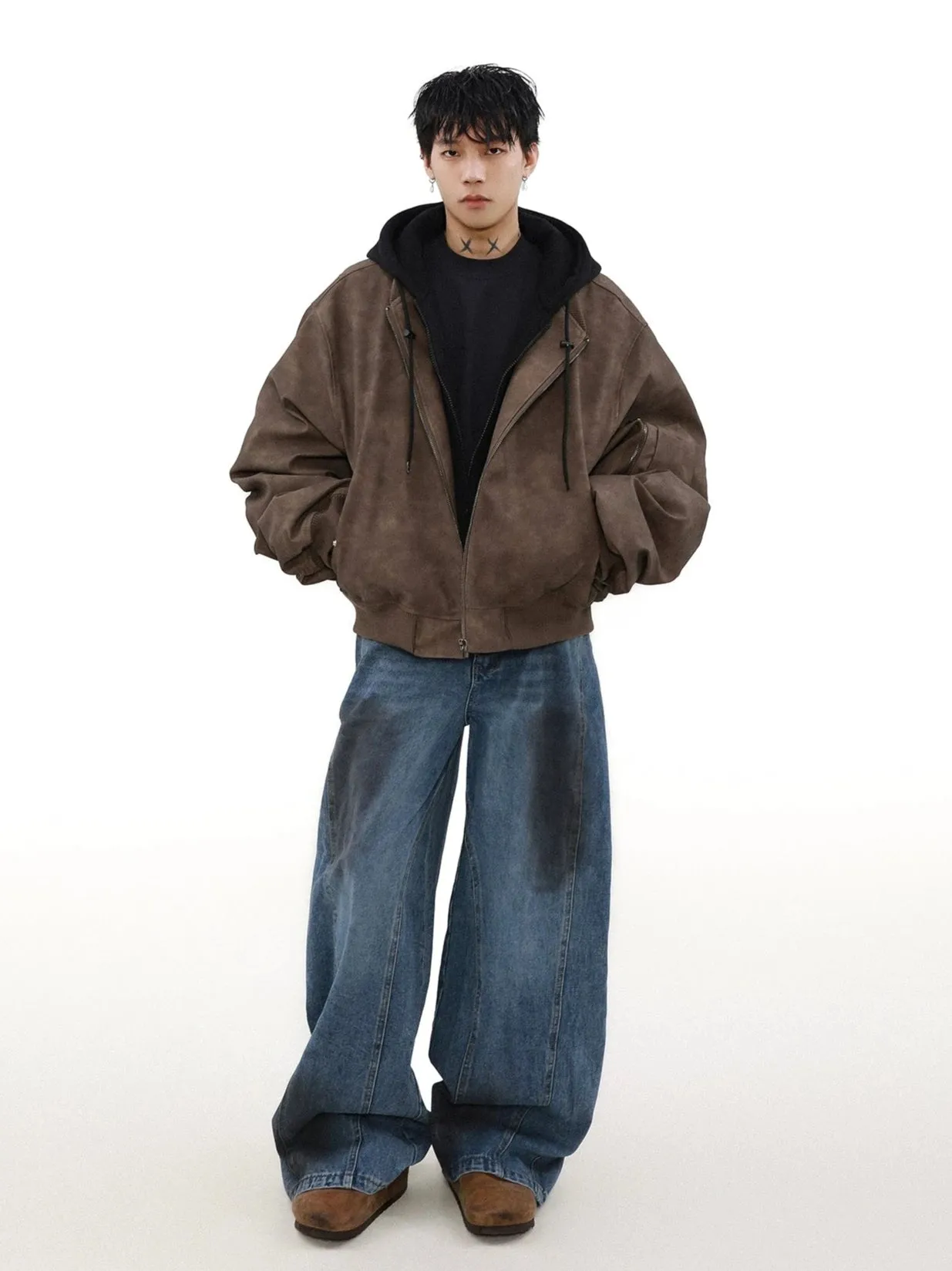 Oversized Vintage Washed Suede Bomber Jacket with Utility Pockets