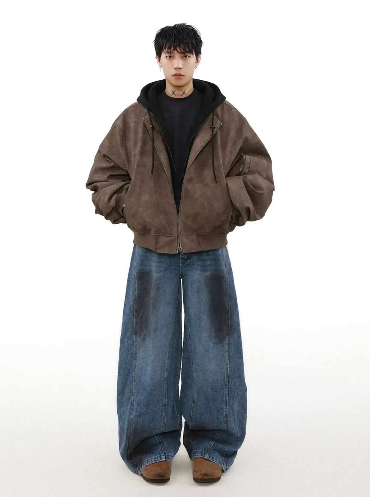 Oversized Vintage Washed Suede Bomber Jacket with Utility Pockets