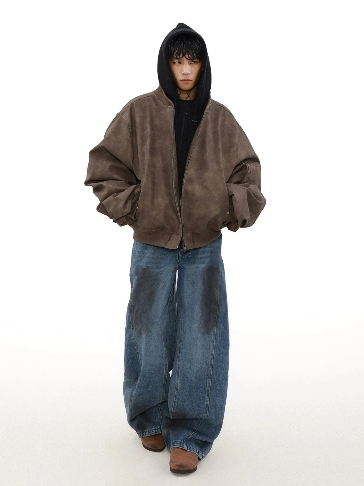 Oversized Vintage Washed Suede Bomber Jacket with Utility Pockets