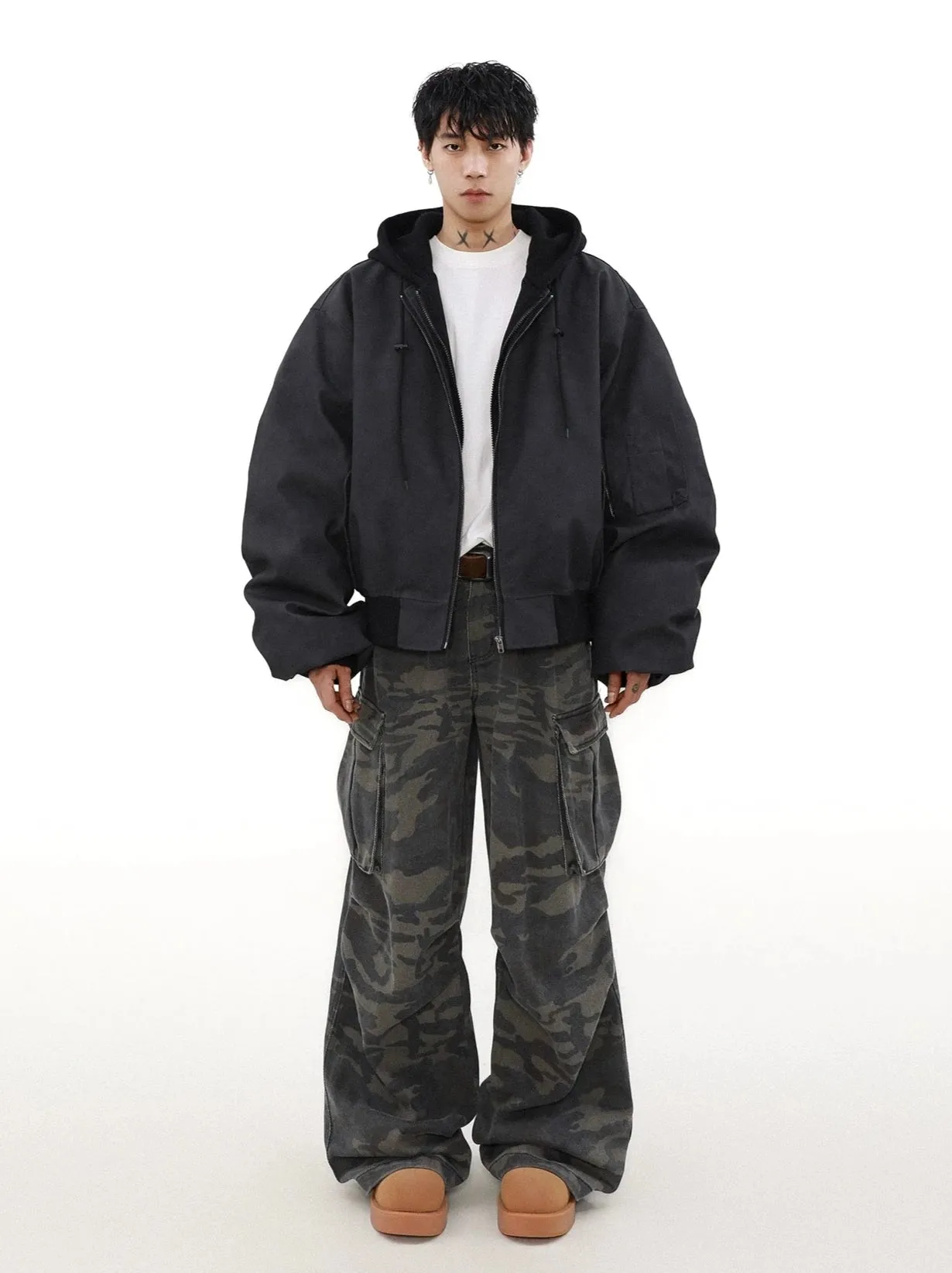 Oversized Vintage Washed Suede Bomber Jacket with Utility Pockets